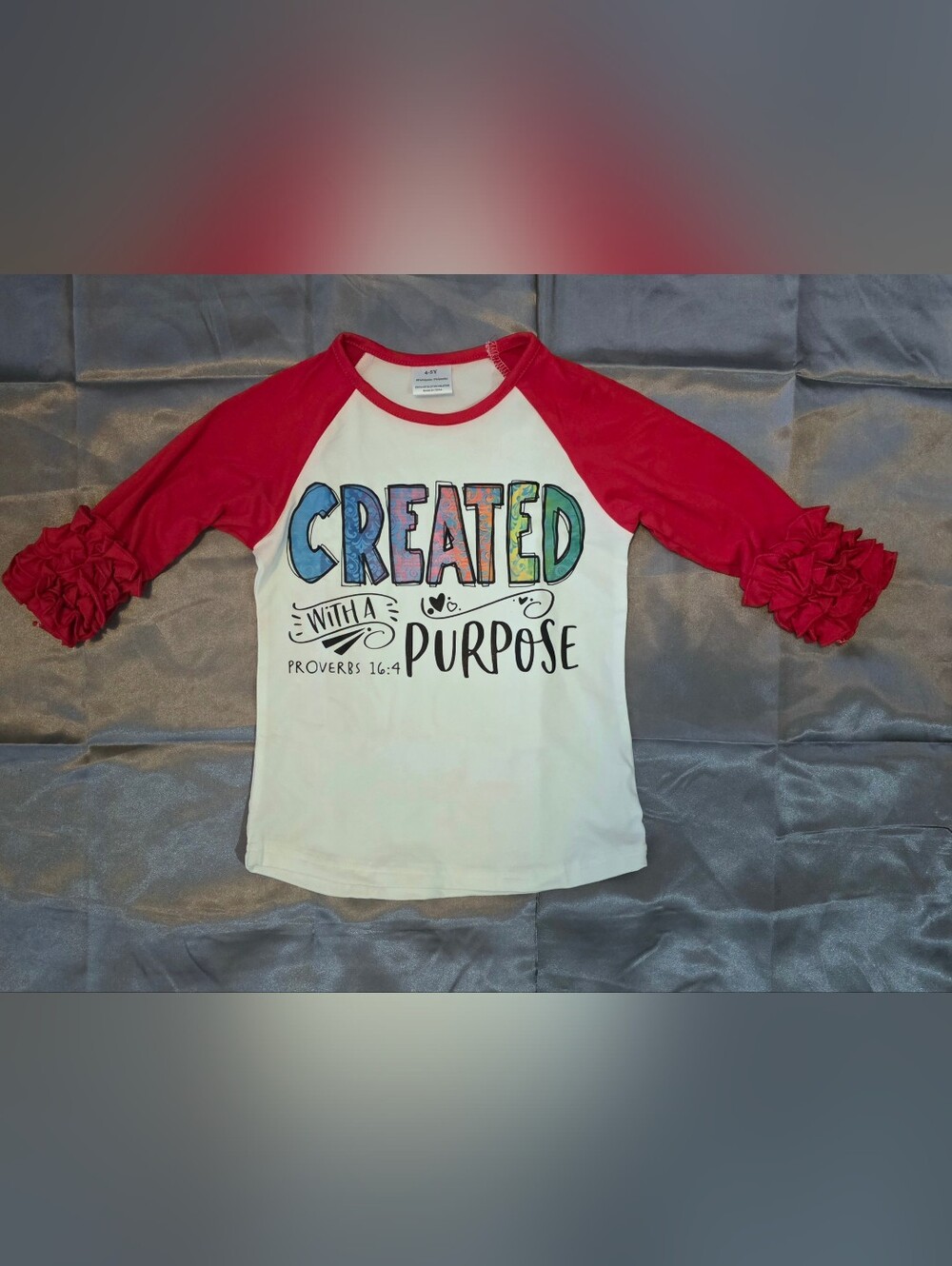 Girls Custom OOAK One of a kind "Created with Purpose" Ruffle sleeve raglan tee